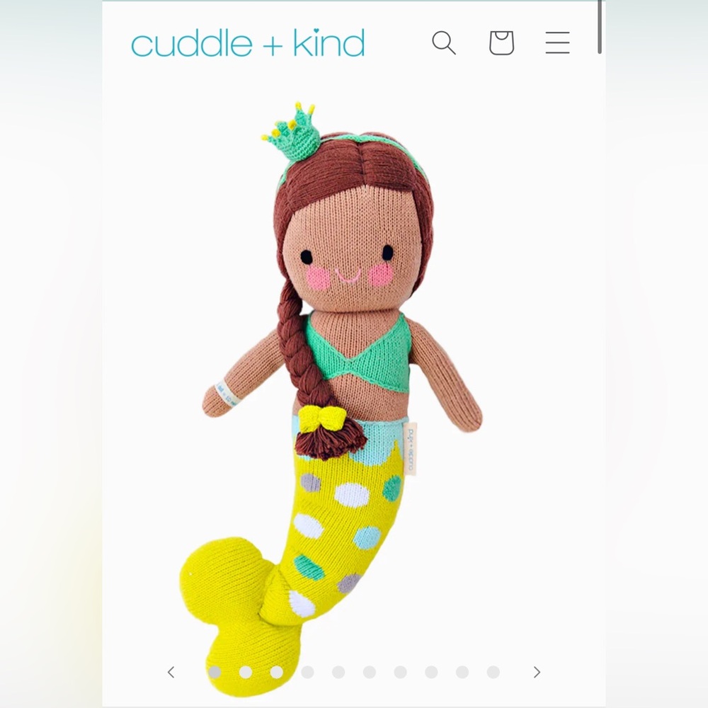 Cuddle and Kind Pearl the mermaid doll, size Small. Green with brown hair.